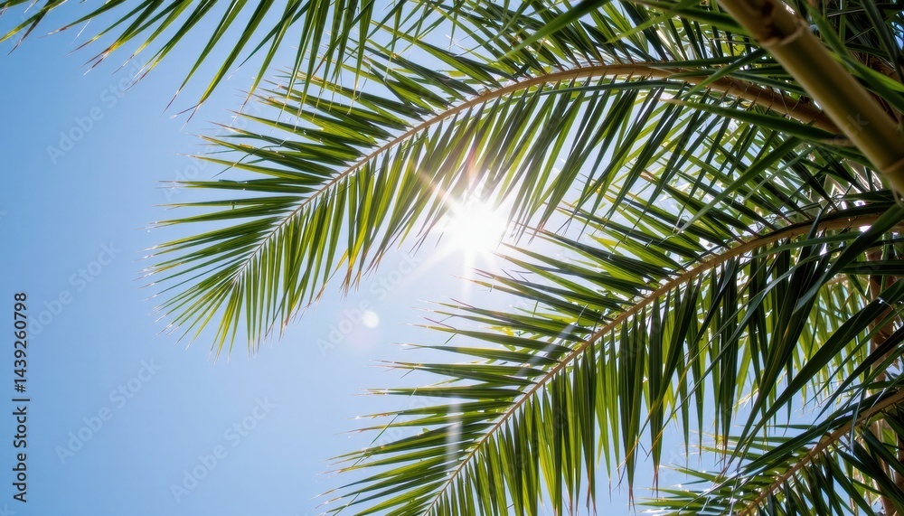 Fototapeta premium Sunlight filtering through palm leaves against a blue sky.