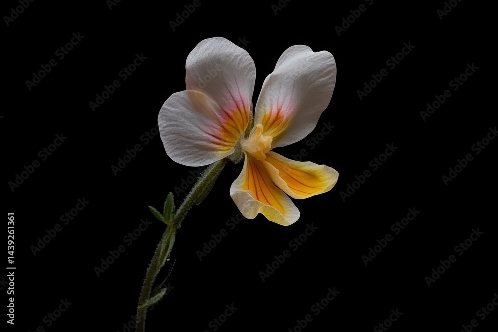 Delicate white and yellow flower with intricate petals against a black background Delicate white and yellow flower with intricate petals against a black background