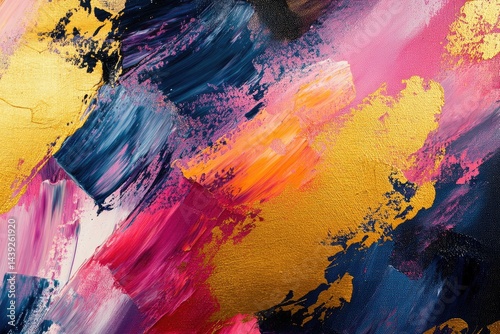 A vibrant abstract painting with bold brushstrokes of gold, pink, and blues. photo