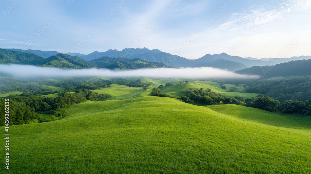 Lush green hills under soft fog with mountains in background create serene landscape Lush green hills under soft fog with mountains in background create serene landscape