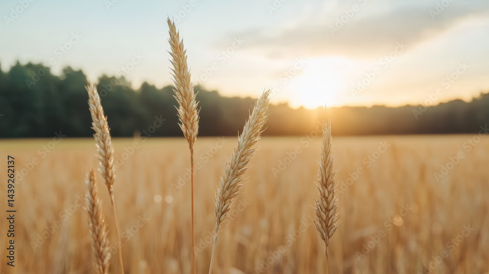 Fototapeta premium Golden wheat stalks sway gently in sunlit field, capturing warmth of sunset