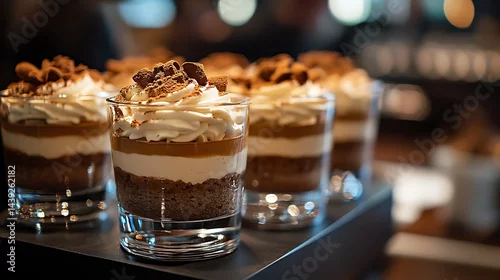Obraz  Tiramisu Dessert In Glass Cups With Cocoa Dusting And Coffee-Soaked Ladyfingers, Elegant Table Setup For Dessert Café Promoti