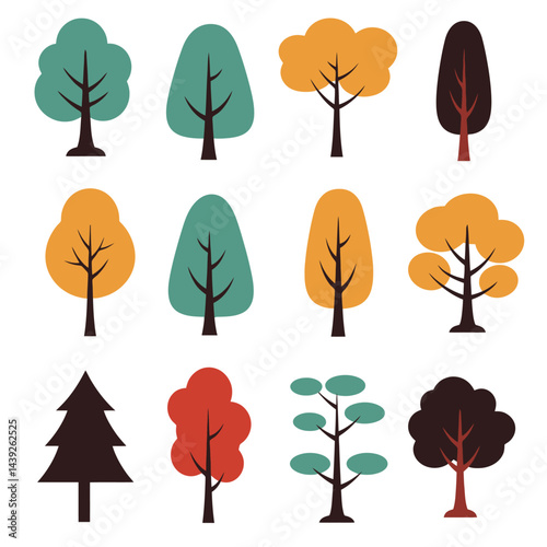 Collection of Simple Illustrated Trees in Various Shapes and Colors.Illustration of six uniquely styled trees with varying colors and shapes, featuring abstract designs and outlines. 

