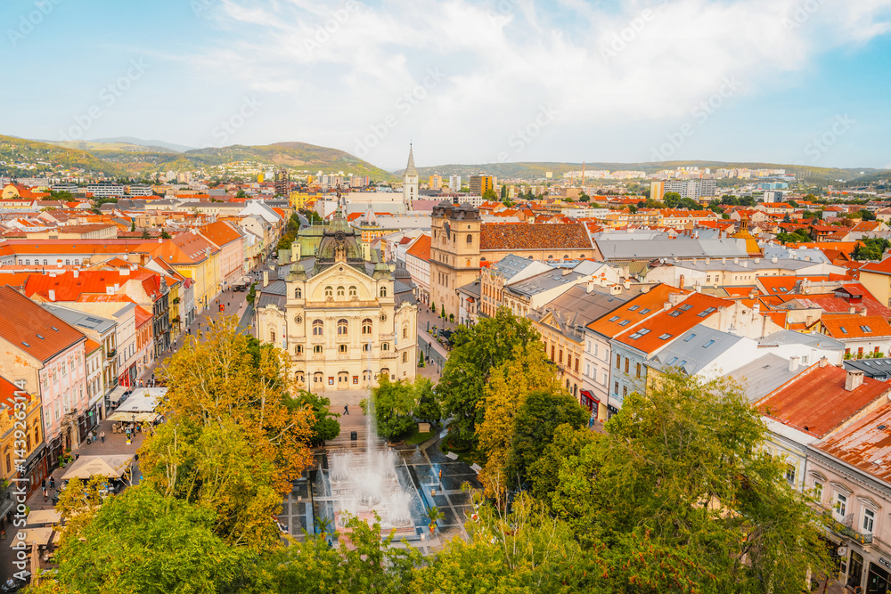 Naklejka premium Top view on Kosice main street. Cathedral of Saint Elizabeth, Kosice in Slovakia