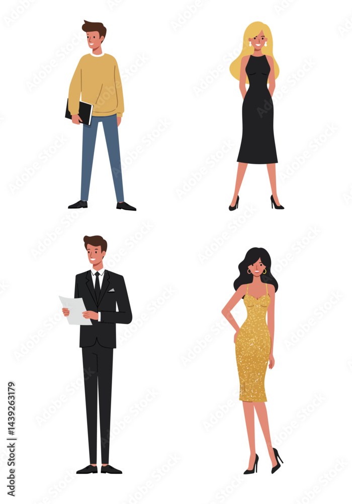 Fototapeta premium Simple flat design of four diverse actor characters on a white background, colorful, modern, and expressive.