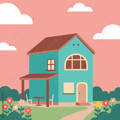 Charming Family House with Lush Garden and Bright Sunny Surroundings.A picturesque cozy house with a lush garden, situated against a clear, sunny sky, promoting tranquility and homeliness.