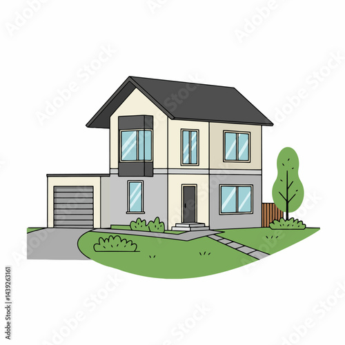 Charming Family House with Lush Garden and Bright Sunny Surroundings.A picturesque cozy house with a lush garden, situated against a clear, sunny sky, promoting tranquility and homeliness.