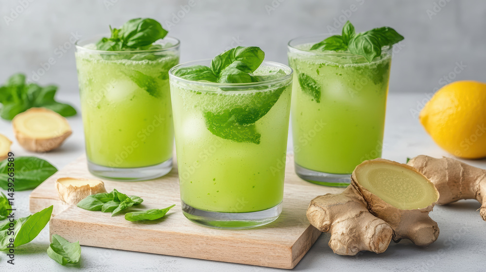 Fototapeta premium Refreshing basil lemonade drinks with ginger and lemon