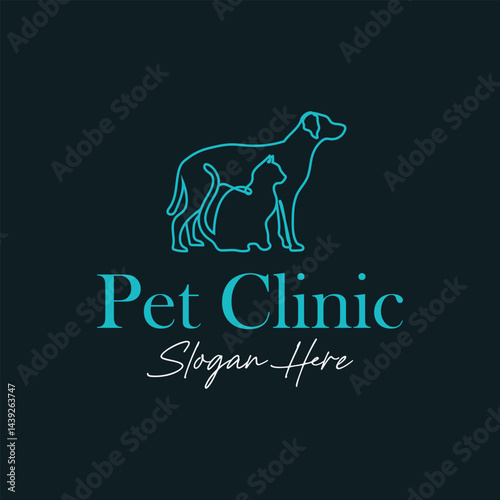 Veterinary Logo with Dog and Cat Simple Line Art Animal Clinic Emblem