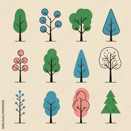 Collection of minimalistic tree icons representing various seasons with vibrant colors and unique shapes, perfect for design projects focusing on nature, landscaping, or environmental topics.

