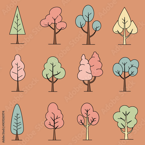 Collection of minimalistic tree icons representing various seasons with vibrant colors and unique shapes, perfect for design projects focusing on nature, landscaping, or environmental topics.

