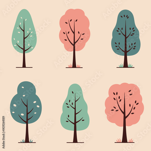 Collection of minimalistic tree icons representing various seasons with vibrant colors and unique shapes, perfect for design projects focusing on nature, landscaping, or environmental topics.

