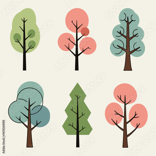Collection of minimalistic tree icons representing various seasons with vibrant colors and unique shapes, perfect for design projects focusing on nature, landscaping, or environmental topics.

