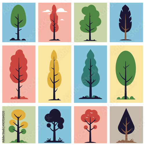 Collection of minimalistic tree icons representing various seasons with vibrant colors and unique shapes, perfect for design projects focusing on nature, landscaping, or environmental topics.

