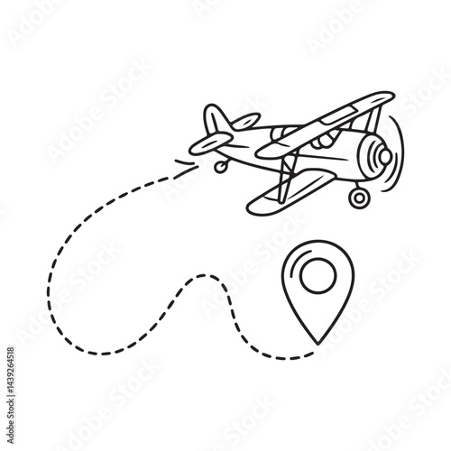 Airplane line path vector icon of air. Plane flight route with start point and dash line trace. Vector illustration