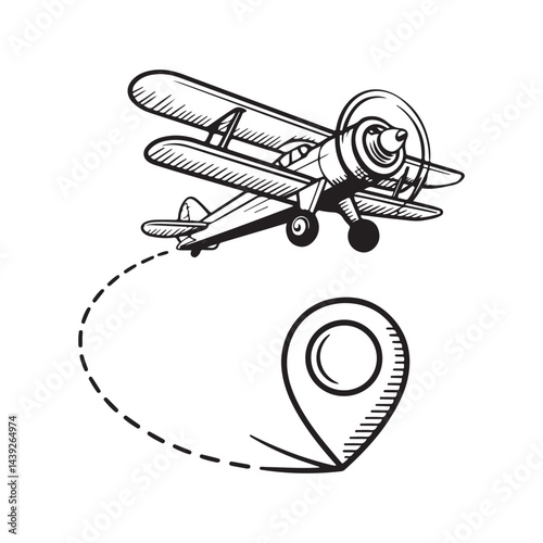Airplane line path vector icon of air. Plane flight route with start point and dash line trace. Vector illustration