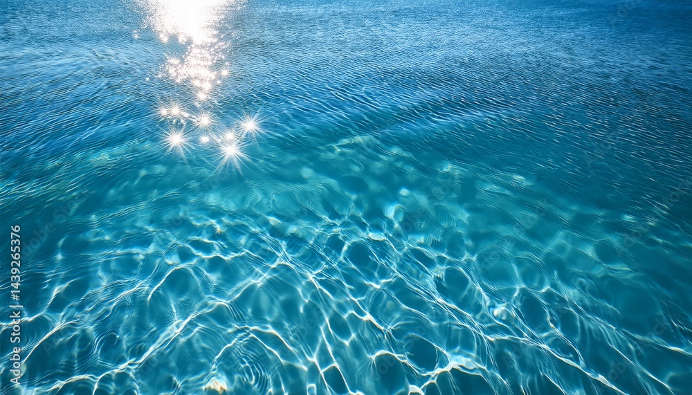 Fototapeta premium Sunlight sparkles on the surface of clear blue water, creating a serene and refreshing scene.