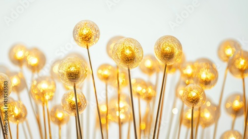 Group of staffs with bright golden orbs radiating warm light on white background.