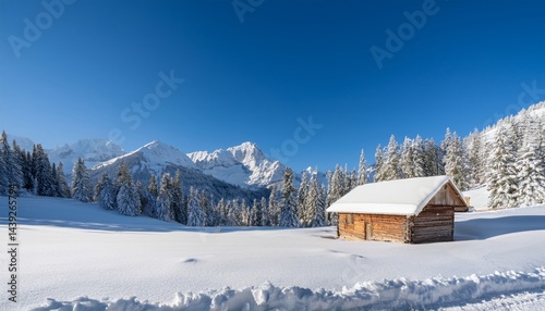 A wooden cabin sits in a snowy landscape with pine trees and majestic mountains under a clear blue sky.