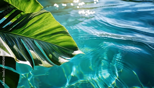 A large green tropical leaf hovers over clear blue water with sunlight reflecting on the rippled surface.