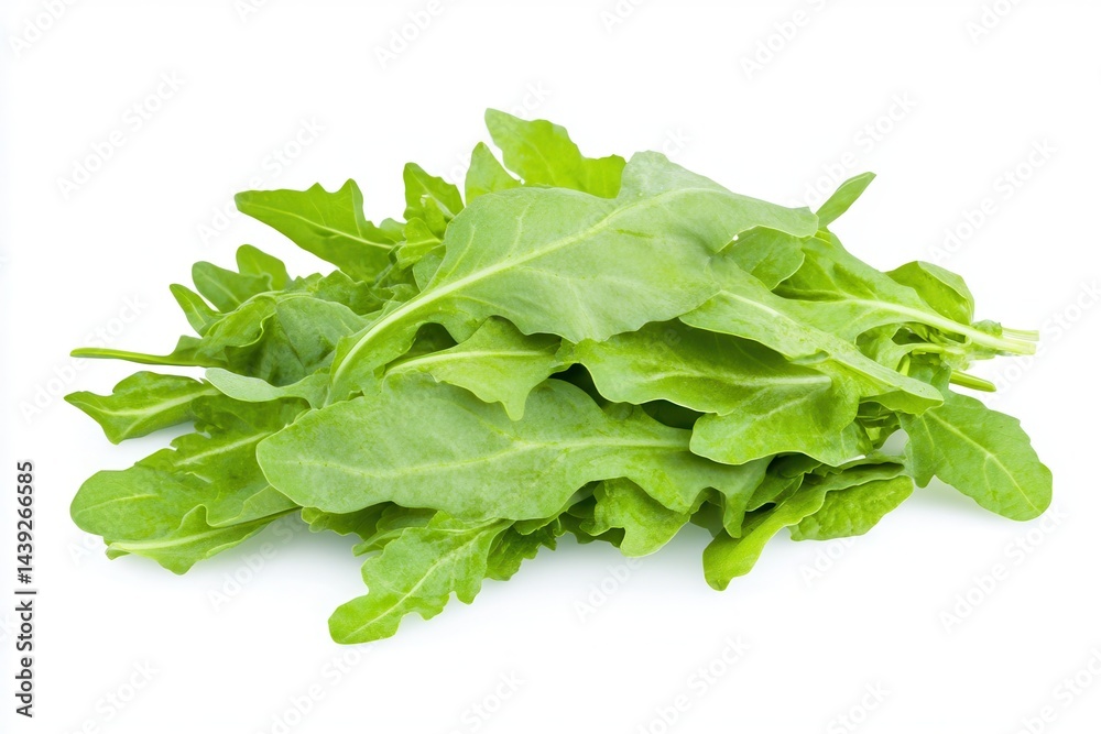Fresh arugula leaves arranged on a clean white background, ideal for culinary uses Fresh arugula leaves arranged on a clean white background, ideal for culinary uses