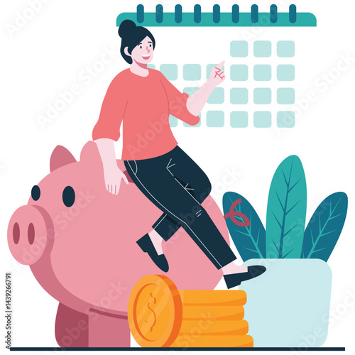 Financial Planning Illustration. Vector illustration of A woman sitting on a piggy bank, pointing at a calendar with financial savings icons around her. Isolated on background