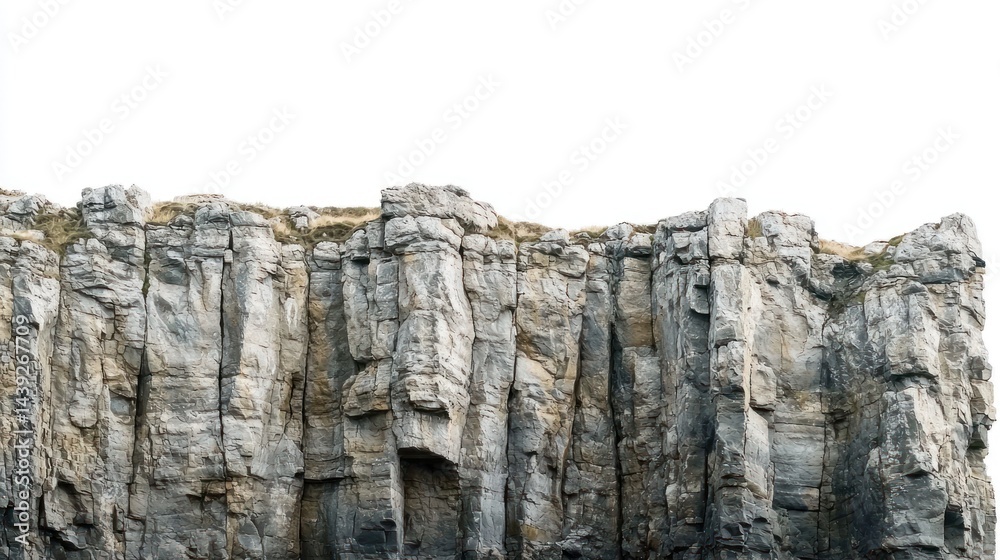 Group of towering cliffs with uneven rock layers on white background Group of towering cliffs with uneven rock layers on white background