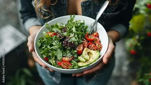 A Woman Presenting a Fresh Salad Bowl filled with Healthy Organic Ingredients