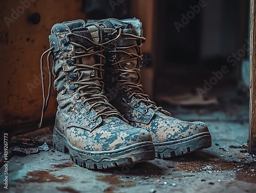 Old military combat boots are on the floor of the destroyed house.  Concept of war. AI generated. 