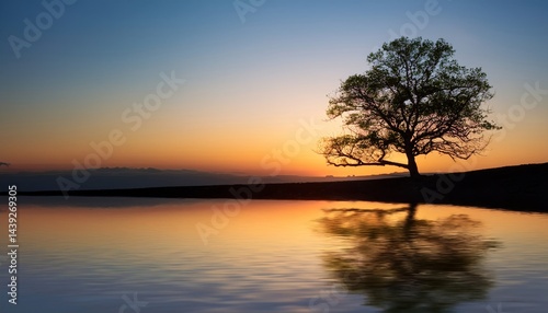 A lone tree is reflected in calm water at sunset, creating a peaceful and serene landscape.