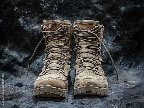 Old military combat boots on the rough floor.  Concept of war. AI generated. 