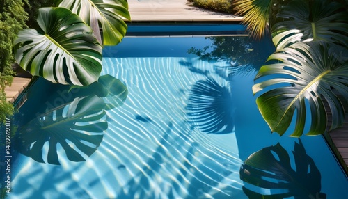 A serene swimming pool with large tropical leaves casting shadows on the clear blue water.