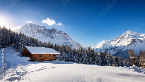 A wooden cabin sits in a snowy alpine landscape, surrounded by pine trees and majestic mountains under a clear blue sky.