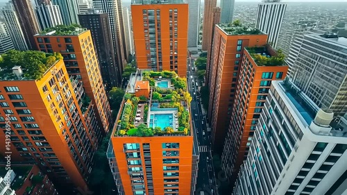 Aerial View of City with Orange Buildings and Rooftop Pools