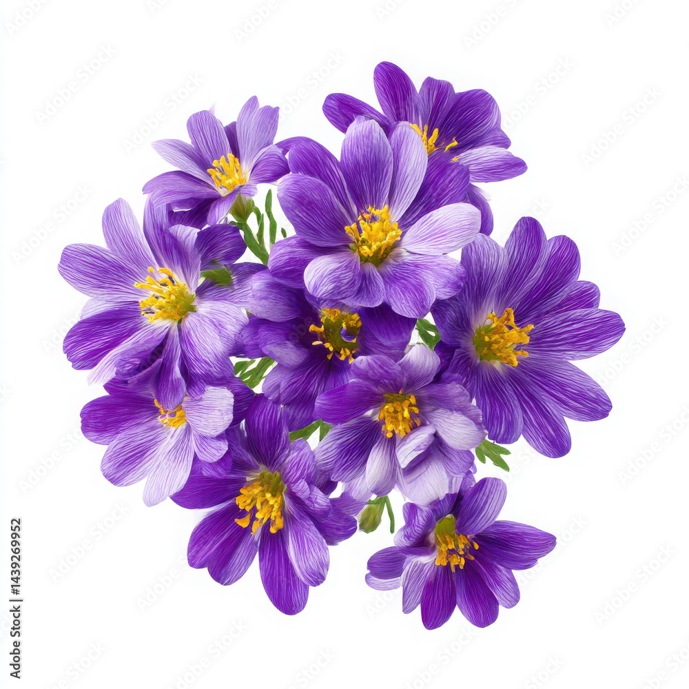 Obraz premium Purple flowers with yellow centers isolated on white background