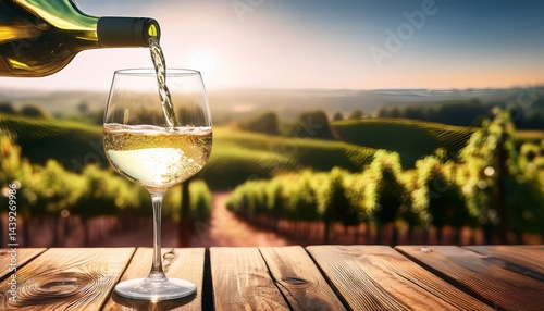 A glass of white wine being poured on a wooden table with a scenic vineyard view at sunset.
