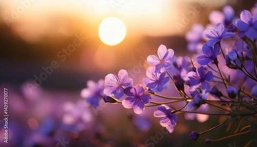 Purple flowers in bloom with sunlight softly shining in the background, creating a warm and serene atmosphere.
