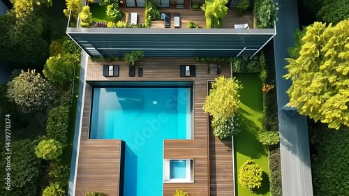Aerial View of Modern Residential Building with Rooftop Pool and Deck