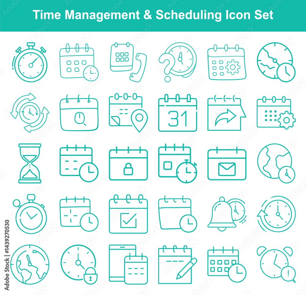 Fototapeta premium Teal line art shows an icon set featuring concepts related to time management and scheduling