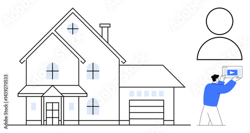 Two-story house with classic elements, a figure holding a tablet with video content, and a simple user profile icon. Ideal for real estate, online learning, home-based work, digital media, content