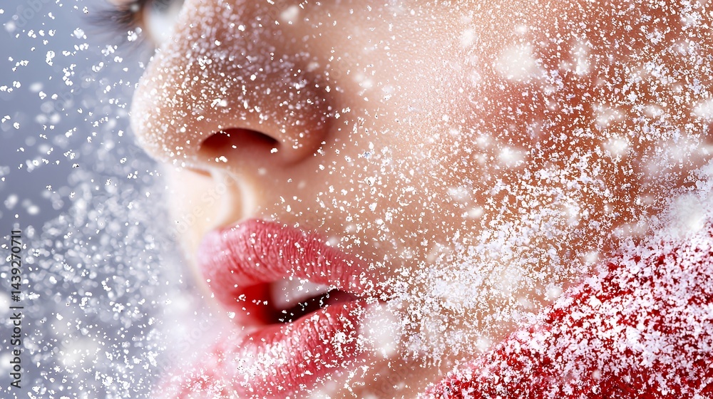 Fototapeta premium Person Blowing Snow Close Up Winter Scene with Red Scarf