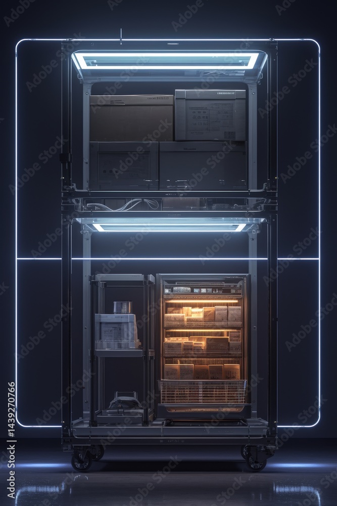 Illuminated storage unit on wheels, containing various boxes and containers Illuminated storage unit on wheels, containing various boxes and containers