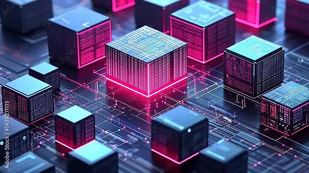 Futuristic technology scene with glowing microchips Futuristic technology scene with glowing microchips