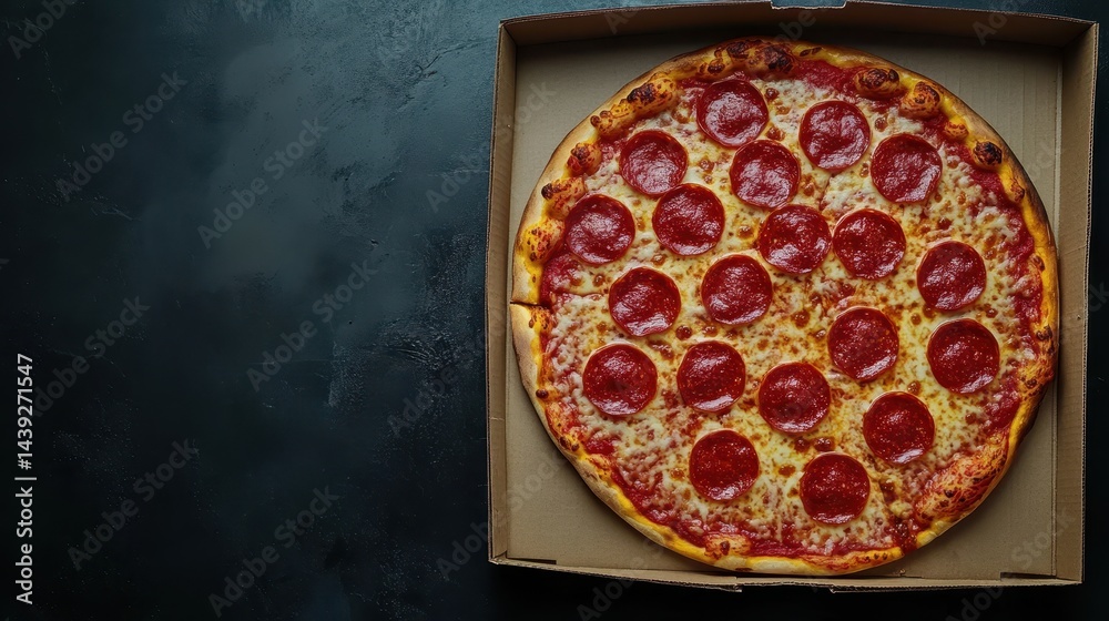 Pepperoni pizza with melted cheese in a cardboard box on dark background. It is perfect for fast food restaurant advertising or recipe illustrations.