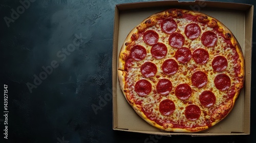 Obraz na płótnie Pepperoni pizza with melted cheese in a cardboard box on dark background. It is perfect for fast food restaurant advertising or recipe illustrations. w salonie