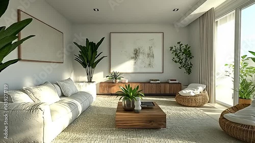 Bright Minimalist Living Room with White Sofa and Wooden Furniture