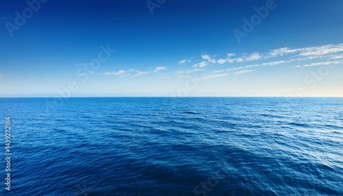 A serene, endless ocean under a clear blue sky with gentle waves and a distant horizon.