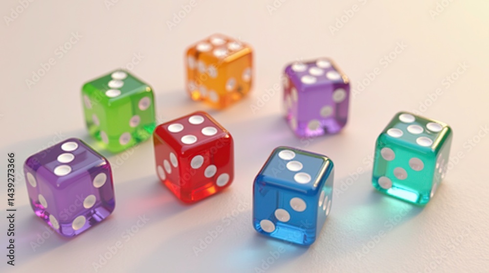 Multicolored dices isolated on white background. Playing cubes. Entertainment and hobbies. Gambling. Winnings Multicolored dices isolated on white background. Playing cubes. Entertainment and hobbies. Gambling. Winnings