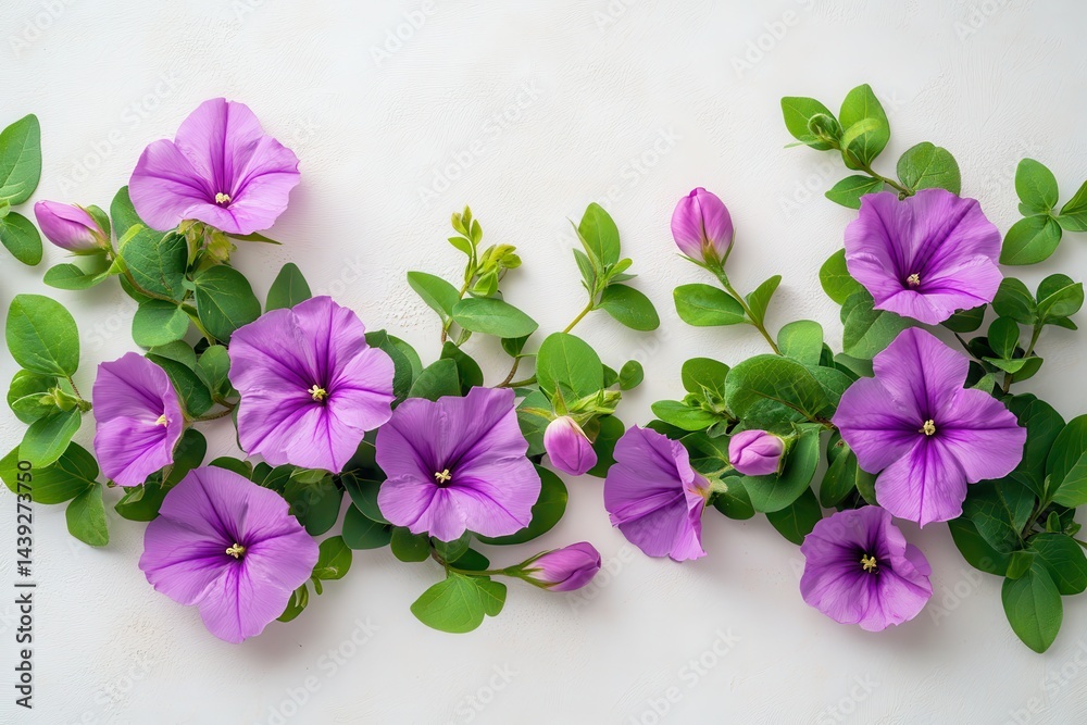 Lavender bindweed flowers and green leaves lie on a white background. Use it for cards, invitations, or adding beauty to your designs.