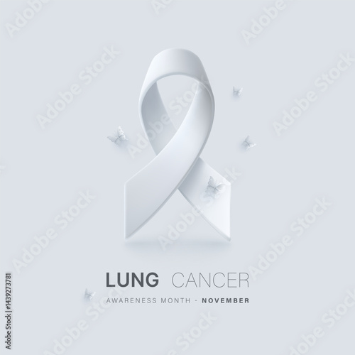 lung cancer awareness poster with white ribbon and butterflies